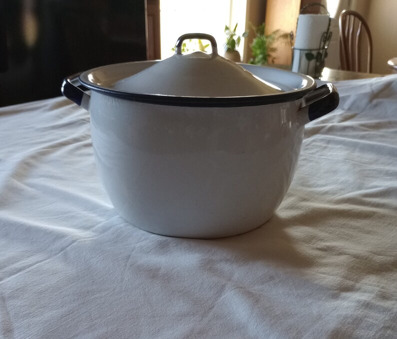 Vintage White Enamel Stock Pot With Lid Etsy