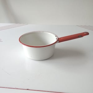 Vintage 6&quot; enamel pan, enamelware pan white with red trim
