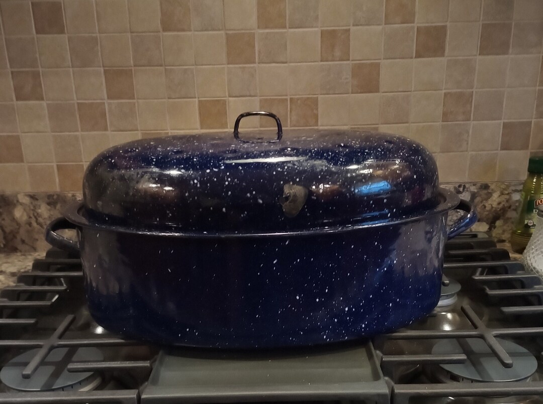 Vintage Large Blue Speckled Enamel Roasting Pan Etsy