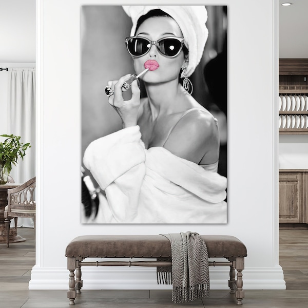 Audrey Hepburn Style Art, Hepburn Pink Lips, Pop Art Home Decor, Kultige Wand Kunst Leinwand, Audrey Hepburn Make Up Leinwand Druck, Audrey Poster