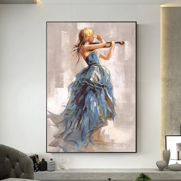 Violoniste, peinture à l'huile, affiche de violon, art mural moderne, art fille ballerine, peintures fille, art mural musique, décoration murale violon, art musical