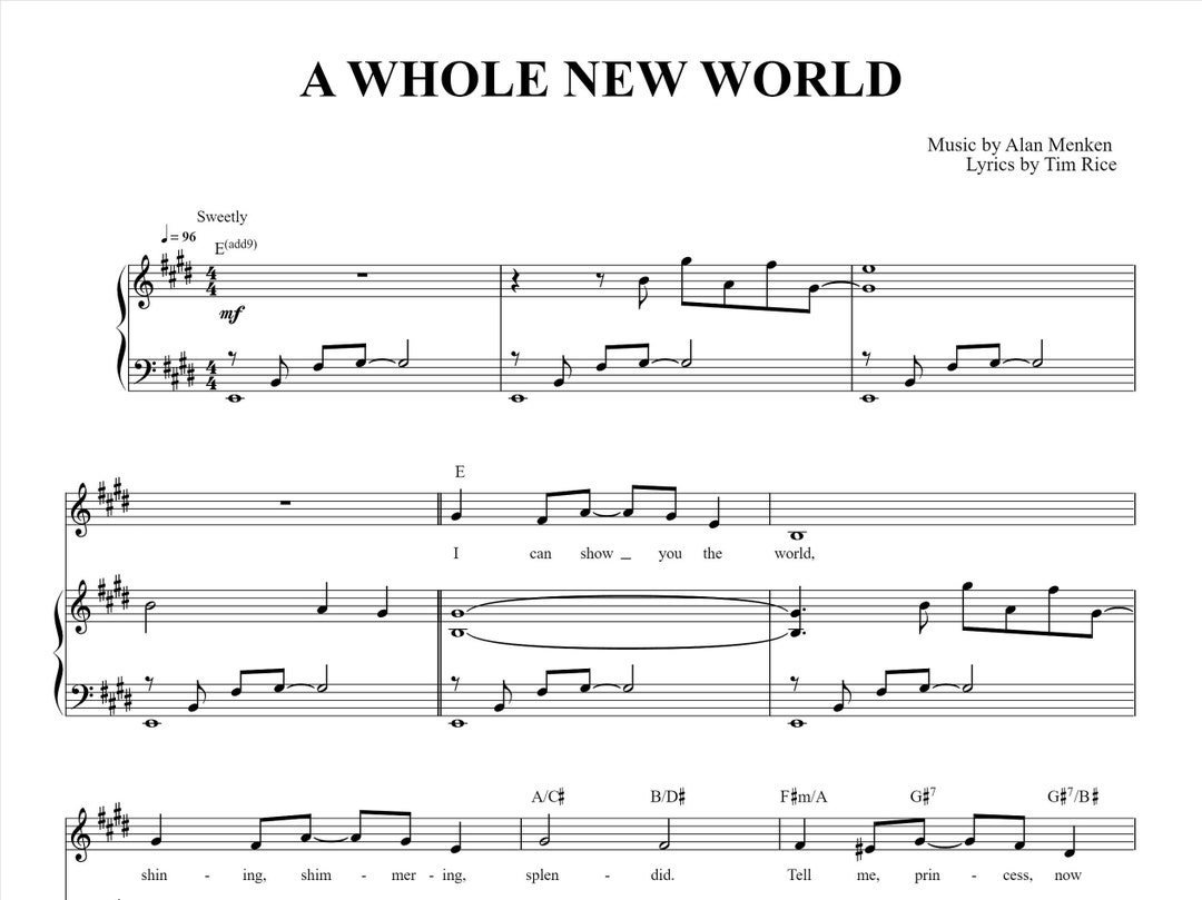A Whole New World Sheet Music Aladdin Piano Sheet Music A - Etsy