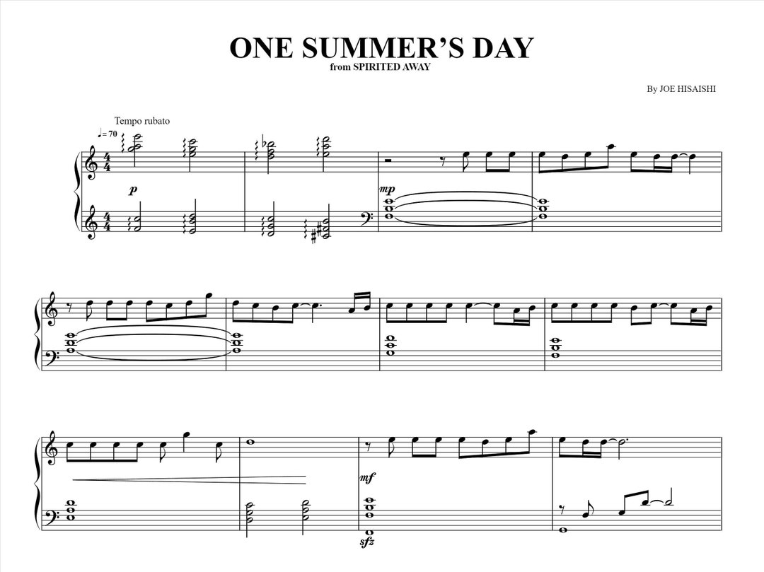 One Summer's Day Sheet Music Joe Hisaishi Piano Sheet - Etsy