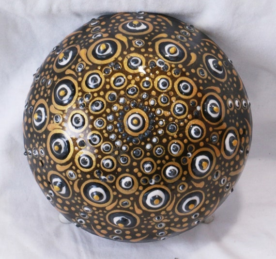 Gold and Black Hand painted, Mandala Stone, Healing stone, meditation art