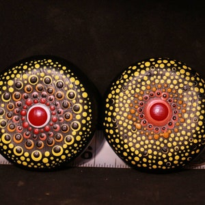 Hand painted pair of Mandala sunflower stones. Mandala art. Dot art