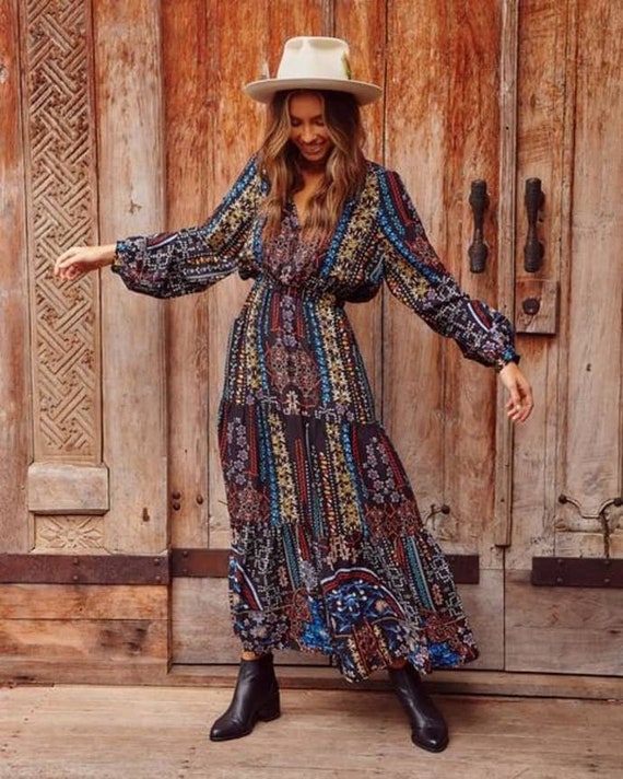 Boho Hippie Navy Dress Stunning Aztec 