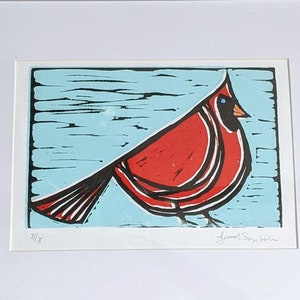 Linocut Cardinal - Lino Print, Linoprint Red Bird Art Print - 9x6" Original Artwork - Red Bird Decor Relief Print - Indiana State bird