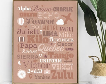 May include: A printable wall art design featuring the NATO phonetic alphabet in a brown and pink color scheme. The letters are arranged in a word cloud with various travel-related icons.