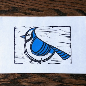 Linocut Blue Jay - Lino Print, Linoprint Blue Bird Art Print - 8x10&quot; finished size