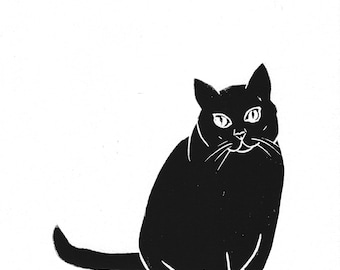 Minimalist Black Cat Linocut Print – Hand-Carved Illustration
