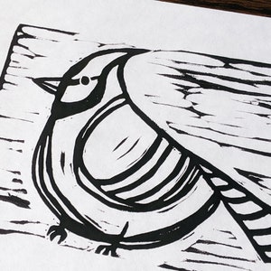 Linocut Blue Jay - Lino Print, Linoprint Black and White Bird Art Print - 9x6" Original Artwork - Bird Decor Relief Print Bluejay blue bird