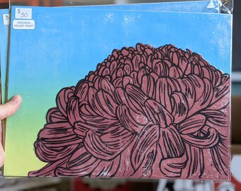 Rote Chrysantheme Linoldruck: Florales Wandbild (23x30cm)