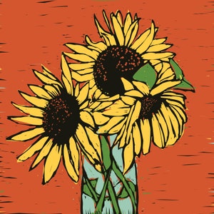 Digitale linosnede met zonnebloemen van 10 x 10 inch