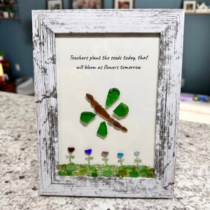 Sea Glass Dragonfly, Sea Glass Art, Customize, Personalize, Handmade, Framed Ocean Wall Art, Unique Gift for teacher, Gift for graduation