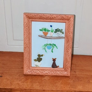 Sea Glass Wall Art, Cat and Houseplants, Handmade Framed Sea Glass Picture, Coastal Home Decor, Cat Lover Gift, Succulent Artwork