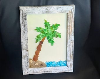 Sea Glass Palm Tree on the Beach, Sea Glass Art, Framed Coastal Decor, Handmade Beach Scene