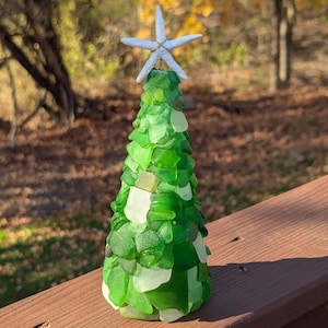 Sea Glass Tree, 6.5&quot; Christmas Tree, Greens and White, Beach House Decor, Home Holiday Decor, Christmas Gift