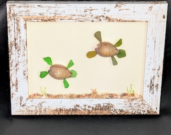 Kunst schelp zeeschildpadden, zeeglas kustdecor, verontruste lijst 5 x 7