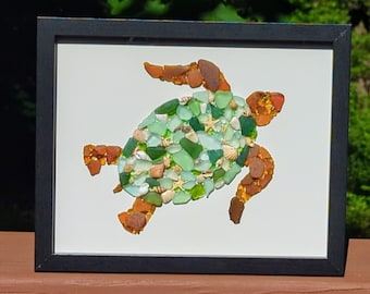 Zeeglas zeeschildpad, 8 x 10 zeeglaskunst, zeeschelpkunst, kustdecor, zeeglas zeeschildpad kunst, handgemaakt, oceaankunst, strandkunst, cadeau