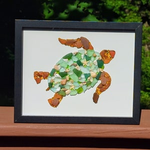 Sea Glass Sea Turtle, Seaglass Art, Sea Shell Art, Coastal Decor, Sea Glass Sea Turtle Art, Handmade, Ocean Art, Beach Art, Gift, 8&quot; x 10&quot;