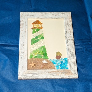 Lighthouse, Sea Glass Art, Lighthouse, Beach Scene, Handmade Wall Art, 5x7, Gift, Beach House Decor, Coastal art, Customized options
