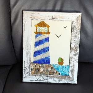 Sea Glass Art,, Seaglass Lighthouse, Coastal Art, 5&quot; x 7&quot; Distressed White Frame, Birthday Gift, Beach House Decor, Mothers Day, Fathers Day