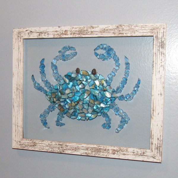 Glass Art, Shell Art, Blue Crab, Wall Art, Framed Glass Art, Handmade, Ocean Wall Art, Beach Art, Gift, Crushed Glass, 8" x 10"