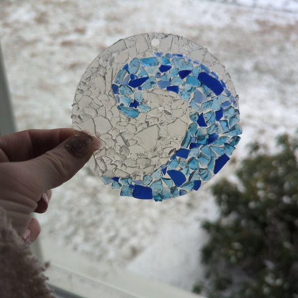 Sea Glass Art Suncatcher, 4" Window Hanging, Beach Glass Mosaic, Wave, Beach lover gift, Coastal Decor, Crushed Glass