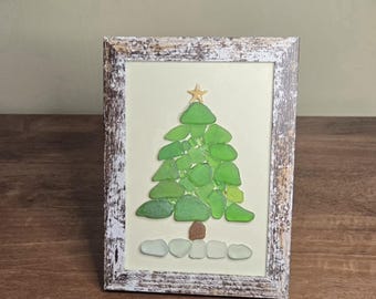Christmas Tree, Sea Glass Art, Coastal Decor, Christmas Art, 5x7 Handmade, Gift