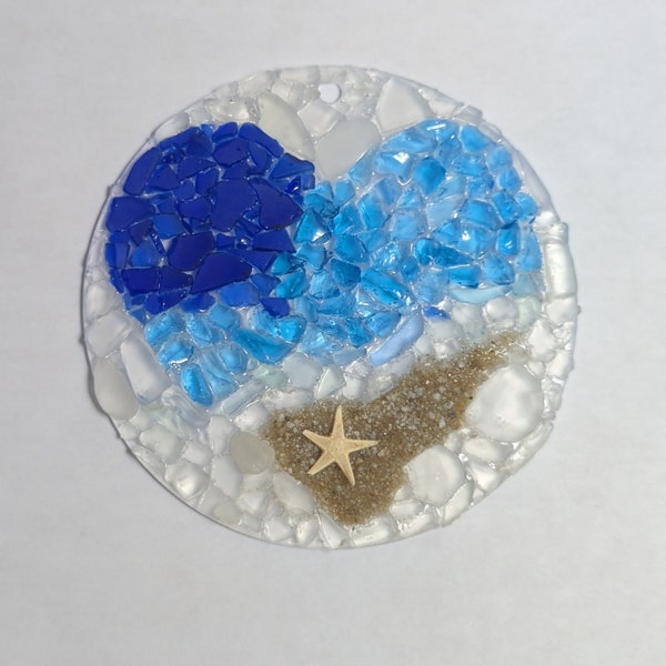 Sea Glass Art Suncatcher, 4" Beach Glass Mosaic, Ocean Heart Suncatcher, Beach lover gift, Coastal Decor, Crushed Glass, Mother's Day