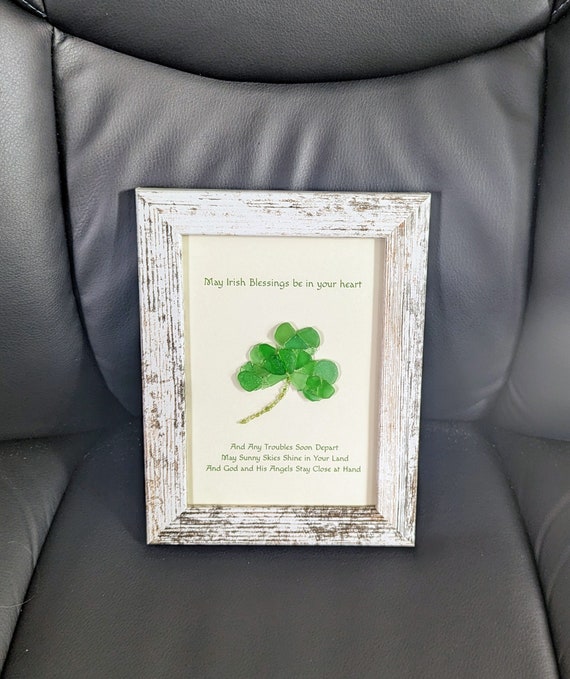 Sea Glass Art, May Irish Blessings be in you Heart, Sea Glass Shamrock, 5 x 7 framed art, made to order, Birthday, St Patrick's Day