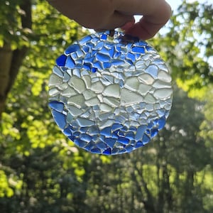 Sea Glass Art, Shades of Blue Sea Glass, 4&quot; Window Hanging, Beach Glass Suncatcher, Beach lover, Coastal Decor