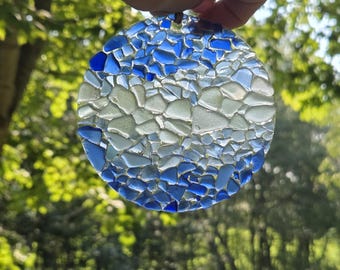 Blue Sea Glass Suncatcher, Coastal Window Hanging, Beach Decor (4 inch)