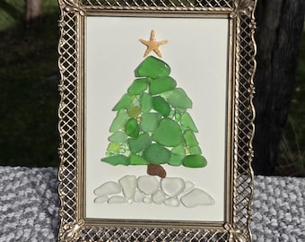 Sea Glass Christmas Tree in Vintage Frame, Coastal Art (5x7)