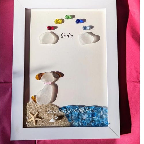 Chien en verre de mer au pont arc-en-ciel, art du verre de mer, art commémoratif de chien, perte d'animal de compagnie, deuil, option personnalisée pour correspondre à votre chien, 5 x 7