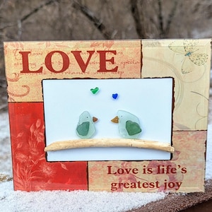 Oiseaux en verre de mer, véritable art du verre de mer, cadeau Saint Valentin, oiseaux d&#39;amour, amour, art mural, encadré, fait main, décoration côtière 5 x 7 po
