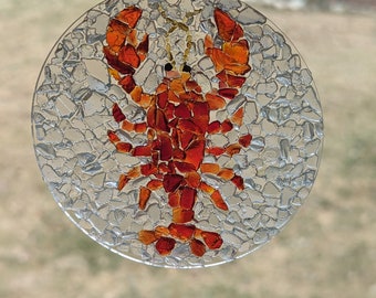 Sea Glass Art, Lobster Suncatcher, 4" Beach Glass Mosaic, Red Lobster, Beach lover gift, Coastal Decor, Crushed Glass