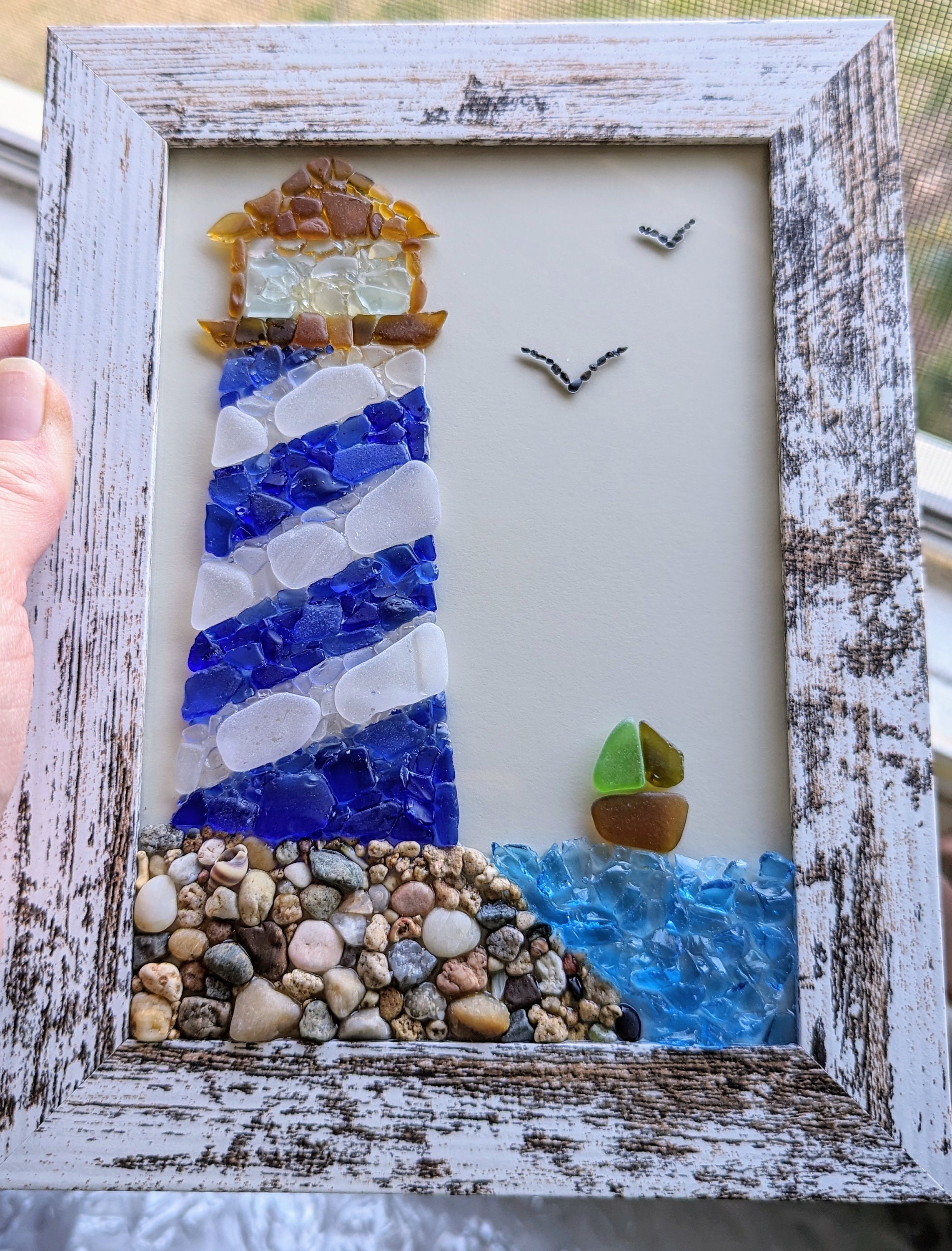 Sea Glass Lighthouse Art, Coastal Decor, Distressed White Frame