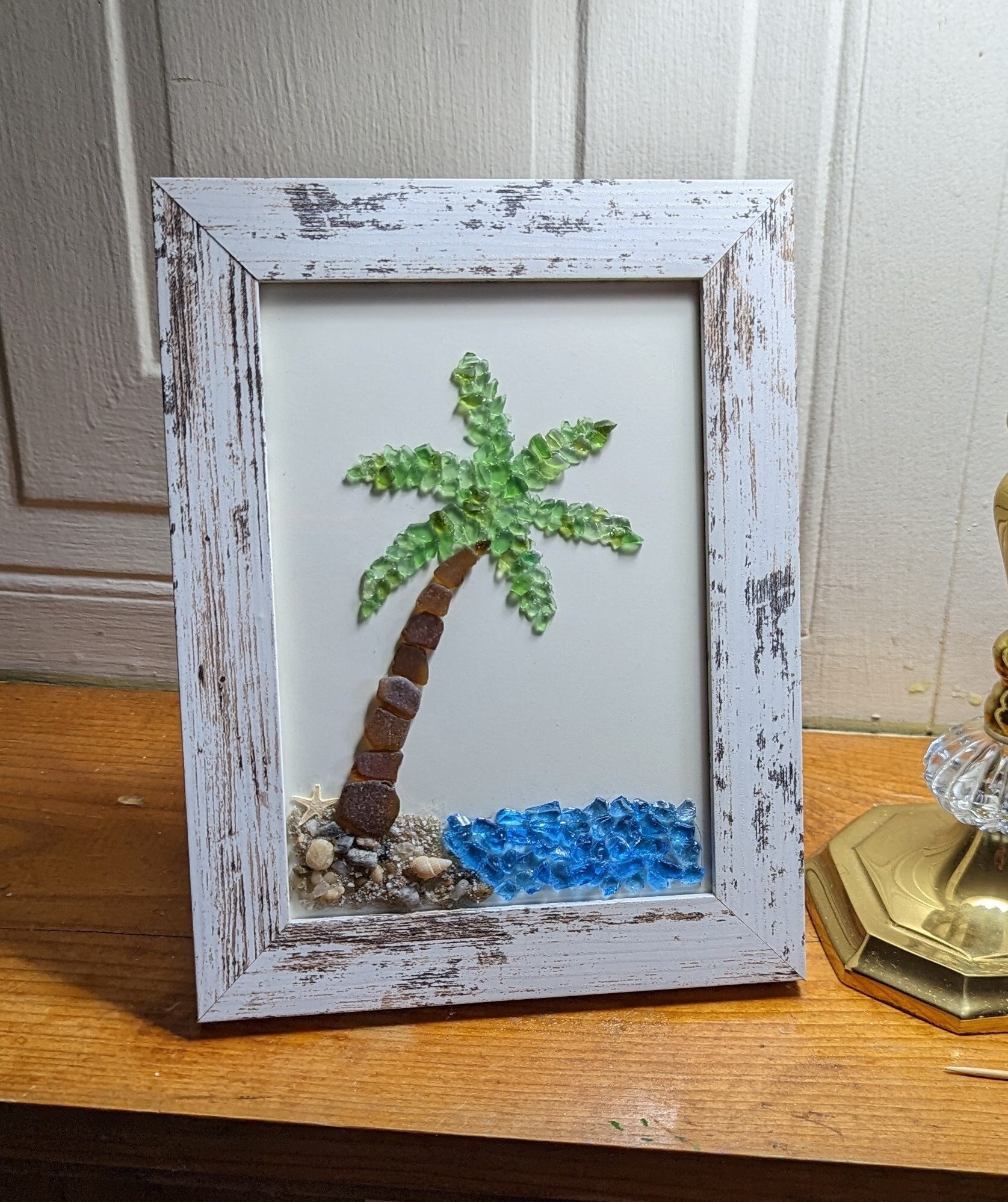 Sea Glass Art, Palm Tree, Frames Wall Art, Handmade, Ocean Wall Art, Beach  Art, Gift, Seaglass picture