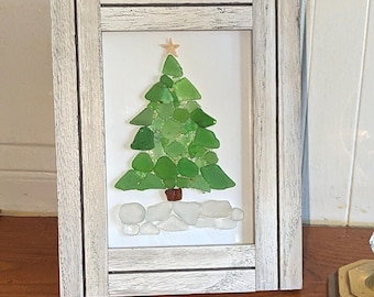 Handmade Sea Glass Christmas Tree Art, Framed Starfish Topper