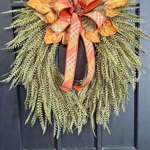 Button Fern Wreath, Bead Grass Greenery Wreath with Large Plaid Bow, Fall Wreath, Wreath with Bow, Autumn Wreath, Fall Decor