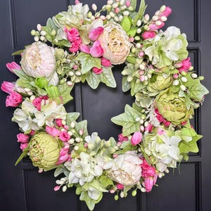 Soft Spring Wreath, Easter Wreath, Pink Floral Wreath for Front Door