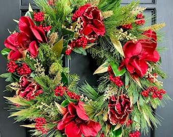 Red Silk Magnolia, Antique Gold Bay Leaf and Red Berry Christmas Wreath