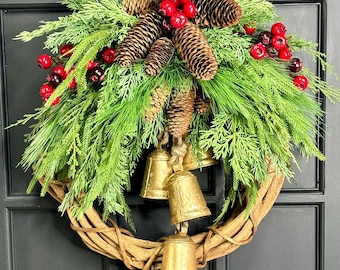 Rustic Pine Pinecone Crabapple Bells Christmas Winter Wreath for Front Door
