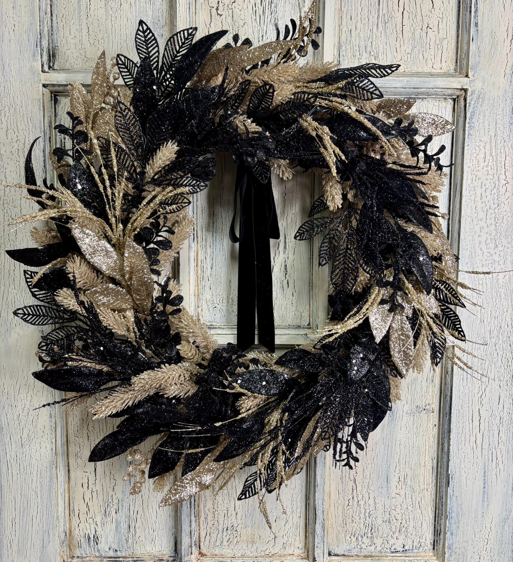 Black and Gold Glam Christmas New Year's Wreath with Black Velvet Bow