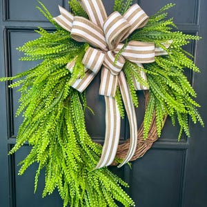 Button Fern Wreath, Bead Grass Wreath with White & Tan Large Bow, Spring Wreath, Wreath with Bow, All Seasons Wreath, Spring decor