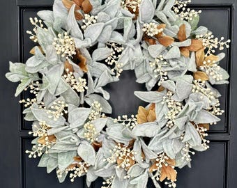 Lambs Ear and Cream Berry Fall Wreath Fall Wedding Decor Housewarming Gift