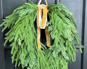 Rustic Neutral Cascading Norfolk Pine Droopy Bow Christmas Winter Wreath for Front Door