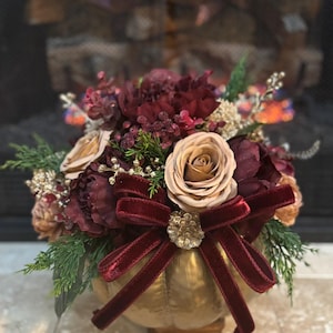 Gold Metal Pumpkin and Burgundy and Taupe Floral Fall Thanksgiving Centerpiece Arrangement