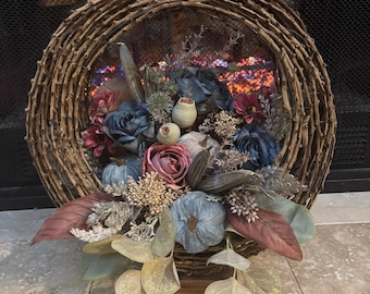 Farmhouse Blue Pumpkin and Rose Grapevine Basket Table Arrangement for Fall Thanksgiving Fall Wedding Decor